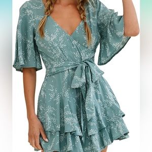 Womens Summer Short Flared Sleeve Romper V Neck